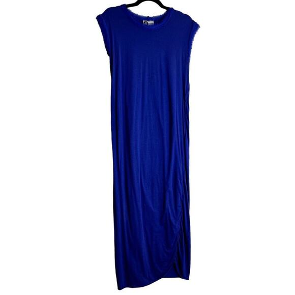 LANVIN Paris Blue Silk Ruched Midi Dress Size M Sleeveless Fringe Hem Luxury - Picture 2 of 13